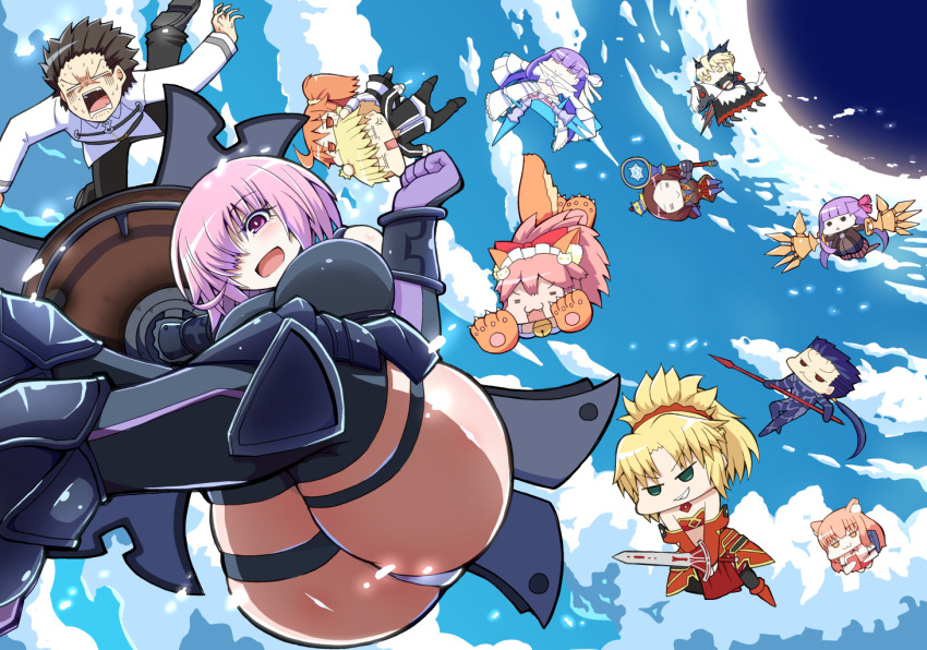 =_= anger_vein animal_ears animal_hands artoria_pendragon_(fate) artoria_pendragon_(lancer_alter)_(fate) black_jacket black_thighhighs breasts chibi claw_(weapon) commentary_request cu_chulainn_(fate) cu_chulainn_(fate/stay_night) cu_chulainn_(third_ascension)_(fate) falling fate/grand_order fate_(series) fox_ears fox_girl fox_tail fujimaru_ritsuka_(female) fujimaru_ritsuka_(male) gae_bolg_(fate) gilgamesh_(fate) gilgamesh_(immoral_biker_jacket)_(fate) gloves hair_over_one_eye holding holding_polearm holding_sword holding_wand holding_weapon horse jacket large_breasts leonardo_da_vinci_(fate) mash_kyrielight mash_kyrielight_(demi-servant) meltryllis_(fate) meltryllis_(third_ascension)_(fate) midair mordred_(fate) mordred_(third_ascension)_(fate) one_side_up panties pantyshot passionlip_(fate) paw_gloves paw_shoes pink_eyes pink_hair polearm pororokka_(macareo) prosthesis prosthetic_leg riyo_(lyomsnpmp)_(style) spear suzuka_gozen_(fate) sweat sword tail tamamo_(fate) tamamo_cat_(fate) thigh_strap thighhighs underwear wand weapon white_panties