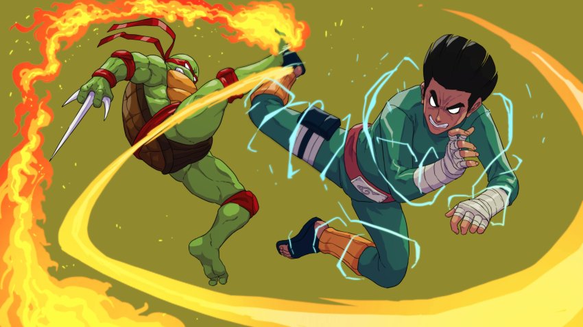 absurdres action angry cirenk clash crossover fighting fire furry furry_male headband highres jumpsuit knee_pads naruto_(series) raphael_(tmnt) rock_lee sai_(weapon) sandals teenage_mutant_ninja_turtles turtle turtle_shell weapon