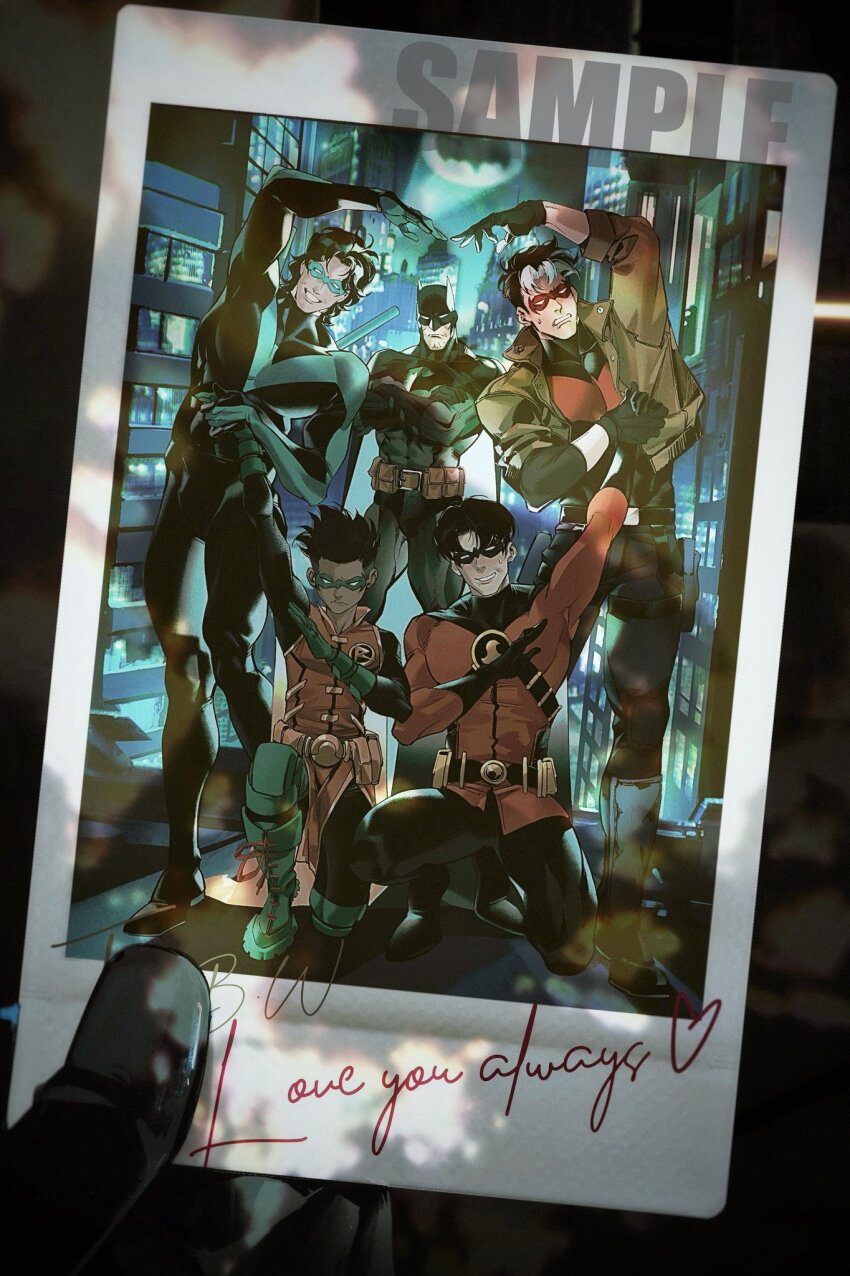 anthonykaen bat_signal batman batman_(series) batman_symbol black_bodysuit black_gloves black_hair bodysuit brothers brown_jacket bruce_wayne cowl damian_wayne dc_comics dick_grayson domino_mask gloves grey_bodysuit highres holding jacket jason_todd large_pectorals long_sleeves male_focus mask multicolored_hair multiple_boys muscular muscular_male nightwing open_clothes pants pectorals red_hood_(dc) red_mask red_robin robin_(dc) sample_watermark short_hair siblings superhero_costume tim_drake two-tone_bodysuit two-tone_hair watermark white_hair