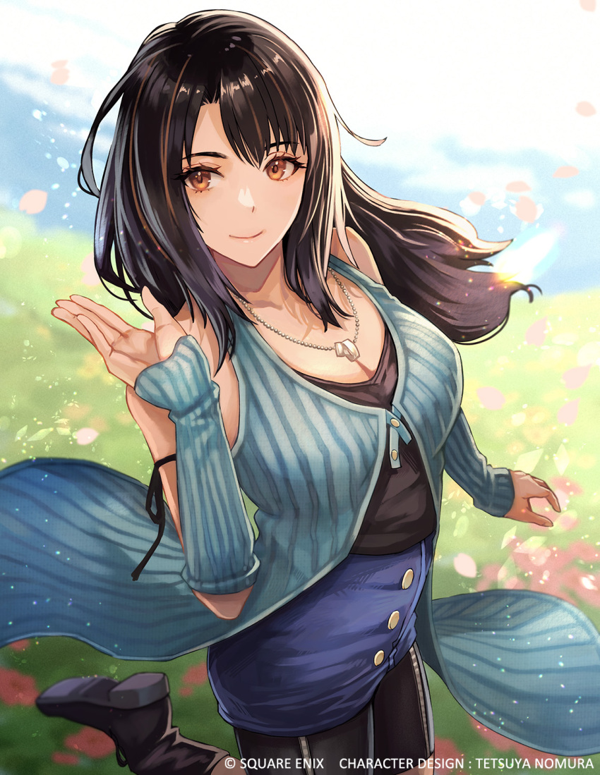 1girl arm_up bare_shoulders bike_shorts black_boots black_hair black_ribbon black_shirt black_shorts blue_arm_warmers blue_cardigan blue_skirt blurry blurry_background boots breasts brown_eyes brown_hair buttons cardigan cleavage closed_mouth cowboy_shot falling_petals field final_fantasy final_fantasy_viii flower flower_field hair_between_eyes highres jewelry long_hair medium_breasts multicolored_hair necklace official_art petals pink_petals ribbon ring ring_necklace rinoa_heartilly shirt shorts skirt sleeveless sleeveless_shirt solo square_enix standing standing_on_one_leg streaked_hair waving