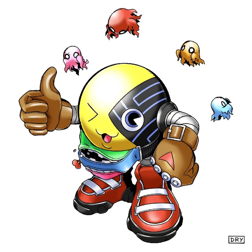 bakemon blue_eyes digimon digimon_(creature) gloves mamemon one_eye_closed open_mouth original pac-man_(game) shoes solo thumbs_up wink