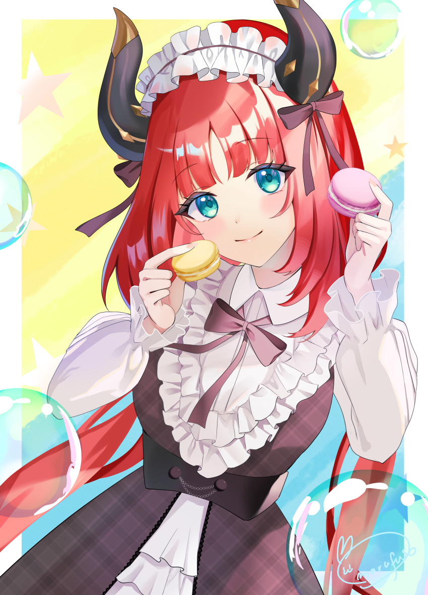1girl absurdres alternate_costume aqua_eyes black_bow black_dress black_ribbon blush bow closed_mouth commentary_request dress fake_horns food frilled_hairband frills genshin_impact hairband hands_up highres holding holding_food holding_macaron horns long_hair long_sleeves looking_at_viewer macaron marufus nilou_(genshin_impact) red_hair ribbon signature smile solo very_long_hair white_hairband white_sleeves