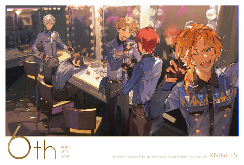 5boys absurdres anniversary black_gloves black_hair black_pants blonde_hair blue_shirt closed_eyes dressing_room ensemble_stars! fingerless_gloves gloves green_eyes grey_hair hair_between_eyes highres knights_(ensemble_stars!) long_sleeves male_focus mirror multiple_boys narukami_arashi on_chair one_eye_closed open_mouth orange_hair pants purple_eyes red_hair sakuma_ritsu sena_izumi_(ensemble_stars!) shirt short_hair shule_de_yu sitting smile standing suou_tsukasa tsukinaga_leo v