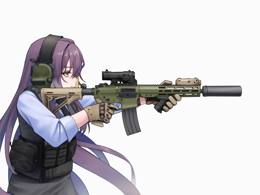 1girl absurdres aiming ammunition_pouch angled_foregrip ar-15 assault_rifle black_necktie blue_shirt breasts brown_gloves bulletproof_vest carabiner closed_mouth collared_shirt commentary commission cowboy_shot ear_protection elcan_scope english_commentary from_side gloves grey_pants gun hair_between_eyes hair_intakes headset highres holding holding_gun holding_weapon klamol laser_sight load_bearing_vest long_hair long_sleeves magazine_(weapon) medium_breasts necktie oakley_gloves optical_sight original pants pouch purple_hair rifle shirt simple_background sleeves_rolled_up solo suppressor tactical_clothes very_long_hair weapon white_background yellow_eyes