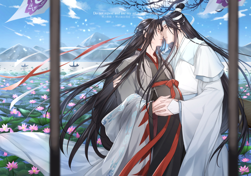 2boys big_belly bishounen black_hair black_hanfu blue_sky chinese_clothes closed_eyes cloud coat couple day english_text flower grey_coat hair_down hair_ribbon half_updo hanfu headband holding_hands imminent_kiss jewelry lan_wangji lily_pad long_hair long_sleeves lotus male_focus modao_zushi mountain mountainous_horizon multiple_boys official_alternate_costume official_alternate_hairstyle outdoors pink_flower pregnant ran_kisaragi red_ribbon red_sash ribbon sash shawl sidelocks sky standing topknot very_long_hair water watercraft watermark wei_wuxian wei_wuxian_(yiling_laozu) white_hanfu white_headband wide_sleeves xiao_guan_(headdress) yaoi