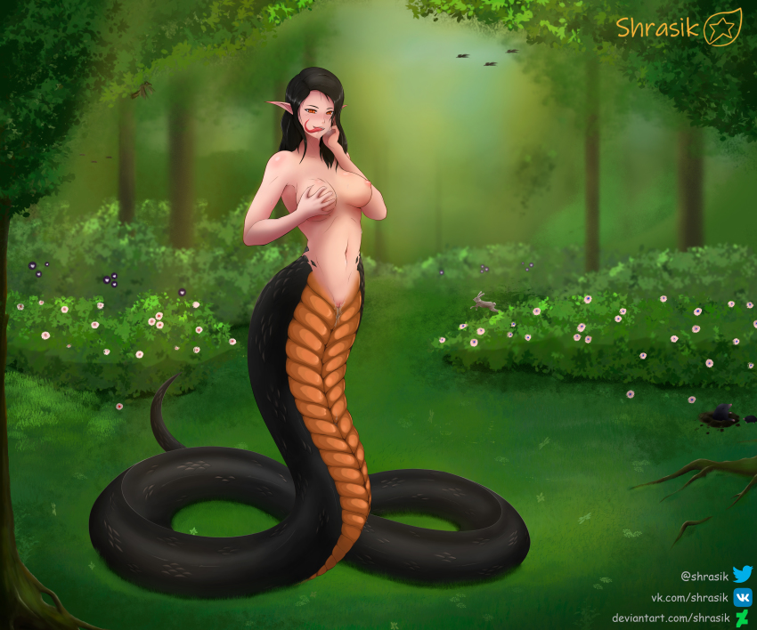1girl :d absurdres bare_shoulders black_hair blurry blush breasts bush collarbone commission depth_of_field flower forest forked_tongue highres huge_filesize lamia large_breasts long_hair looking_at_viewer midriff monster_girl nature navel nipples nude open_mouth original pointy_ears pussy red_eyes grabbing_own_breast shrasik smile snake_tail solo tail tongue tree twitter_username