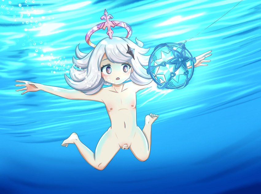 1girl absurdres air_bubble album_art album_cover album_cover_redraw barefoot blowing_bubbles blue_eyes blush breasts bright_pupils bubble censored collarbone completely_nude cover derivative_work fish_hook fishing_rod flat_chest genshin_impact grey_background hair_ornament halo highres loli mlplottery navel nevermind nipples nirvana_(band) nude open_mouth paimon_(genshin_impact) short_hair small_breasts solo submerged swimming thigh_gap underwater white_hair white_pupils wide_hips