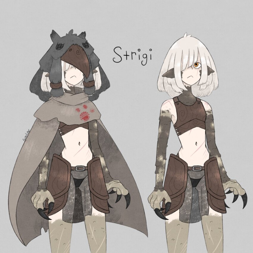 1girl :&lt; animal_ears animal_hands animal_hood armor artist_name bird_ears bird_hood bird_legs black_panties character_name claws cloak commentary crop_top english_commentary faulds gimli34 grey_background grey_feathers hair_over_one_eye half-harpy highres hood hood_up leather_armor monster_girl multiple_views navel neck_fur orange_eyes original panties pelvic_curtain scar scar_on_shoulder scar_on_stomach short_hair simple_background underwear white_hair
