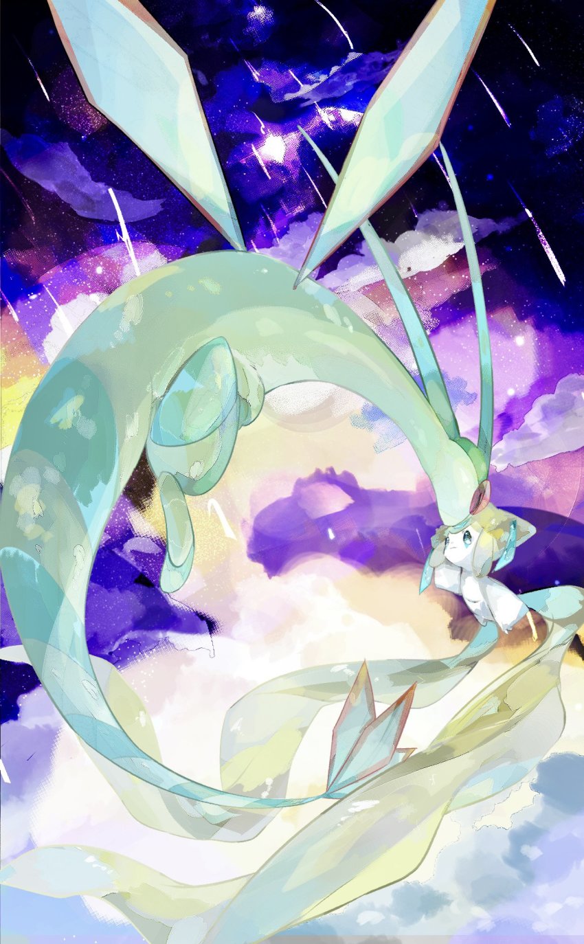 aqua_eyes arm_up closed_mouth cloud cloudy_sky colored_skin colorful dragon flygon forehead-to-forehead from_behind full_body gen_3_pokemon heads_together highres jirachi legendary_pokemon looking_at_another looking_up meteor_shower mythical_pokemon night nintendo outdoors pokemon pokemon_(creature) purple_sky red_eyes size_difference sky tugu_pi white_skin