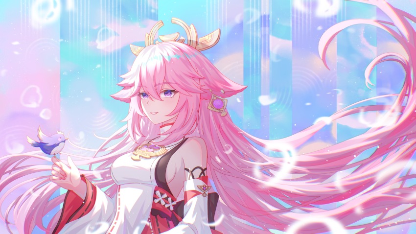1girl absurdres animal_ears aqinorz bare_shoulders bird bird_on_hand blush breasts detached_sleeves earrings fox_ears genshin_impact hair_between_eyes hair_ornament highres japanese_clothes jewelry long_hair pink_hair procreate_(medium) purple_eyes sideboob solo upper_body very_long_hair wide_sleeves yae_miko