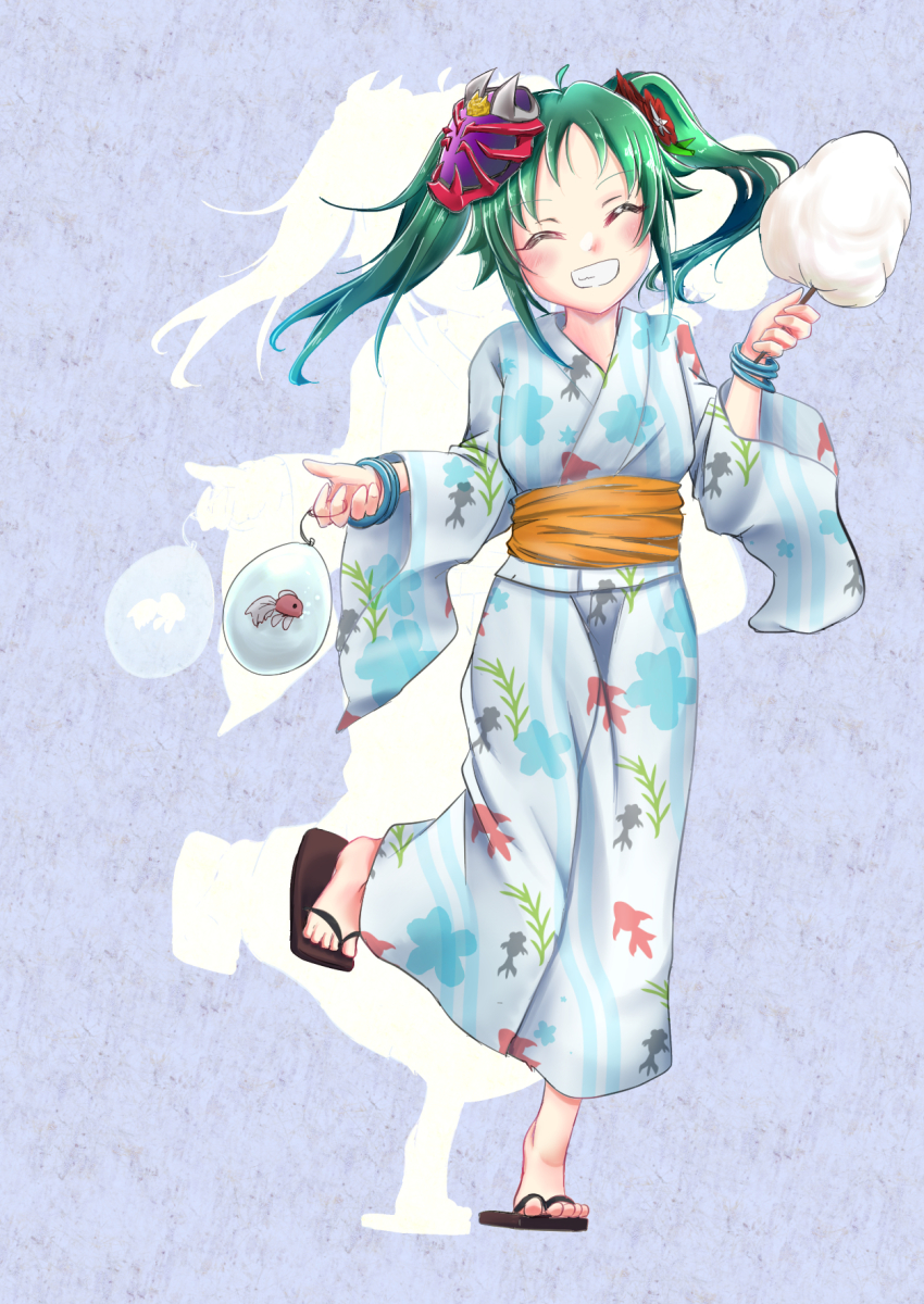 1girl alternate_hairstyle animal_print antenna_hair aqua_eyes artist_request child clenched_hands clenched_teeth closed_eyes eyelashes feet feet_up female_focus fingernails fish fish_print flat_chest full_body geta green_hair hair_ornament hands_up happy highres holding idolmaster idolmaster_cinderella_girls japanese_clothes kimono koi legs long_hair looking_at_viewer mask mask_on_head namco nanjo_hikaru neck obi official_alternate_costume orange_sash parted_bangs print_kimono print_yukata purple_background sandals sash shiny_skin sidelocks silhouette simple_background smile spiked_hair standing standing_on_one_leg tanabata teeth toenails toes traditional_clothes twintails white_kimono white_yukata wide_sleeves wristband yukata
