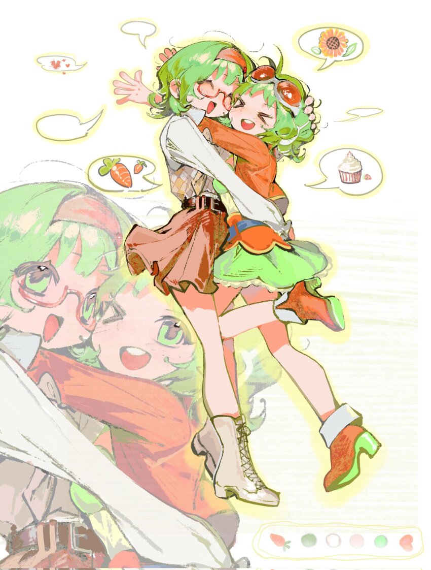 artist_request carrot cupcake flower food glasses green_eyes green_hair gumi happy headband heart high_heels highres hug jacket orange_jacket red_goggles skirt sunflower vocaloid