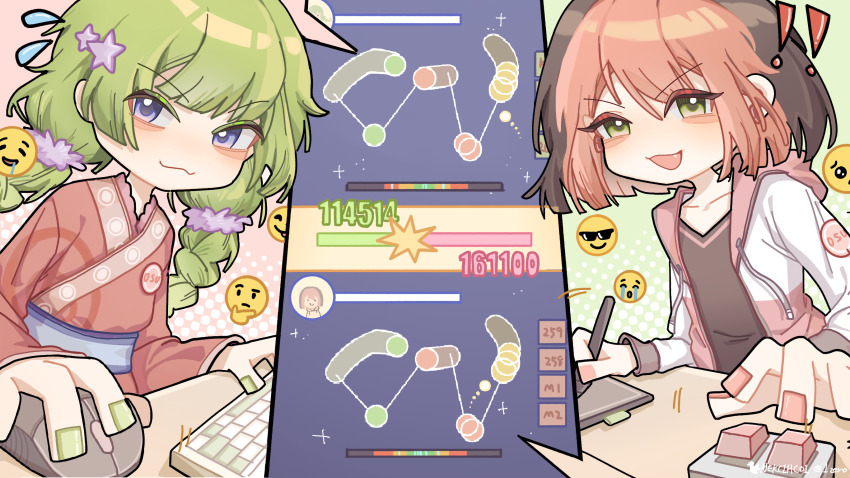 ! !! 2girls :3 :d black_hair black_shirt blue_eyes blush_stickers braid collarbone colored_bangs commentary computer_keyboard computer_mouse contest_winner crying_emoji drawing_tablet emoji english_commentary fang flying_sweatdrops green_eyes green_hair green_nails hair_ornament hair_scrunchie highres holding holding_stylus hood hooded_jacket jacket japanese_clothes kimono long_hair long_sleeves low_twin_braids mocha_(osu!) multicolored_hair multicolored_jacket multiple_girls nekcihc open_clothes open_jacket open_mouth osu! pink_hair pink_jacket pippi_(osu!) playing_games pleading_face_emoji purple_scrunchie red_kimono scrunchie second-party_source shirt short_hair smile star_(symbol) star_hair_ornament stylus sunglasses_emoji thinking_emoji twin_braids two-tone_hair two-tone_jacket v-neck v-shaped_eyebrows video_game white_jacket