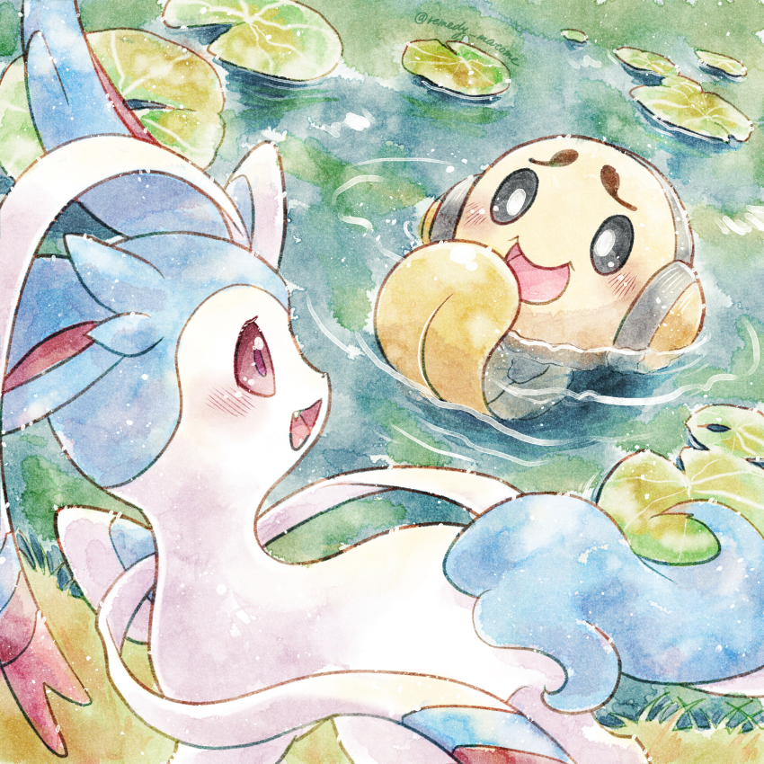 :d alternate_color blush commentary_request fang gen_5_pokemon gen_6_pokemon highres lily_pad nintendo no_humans open_mouth pokemon pokemon_(creature) remedy_matome ripples shiny_pokemon smile sylveon tongue tympole water