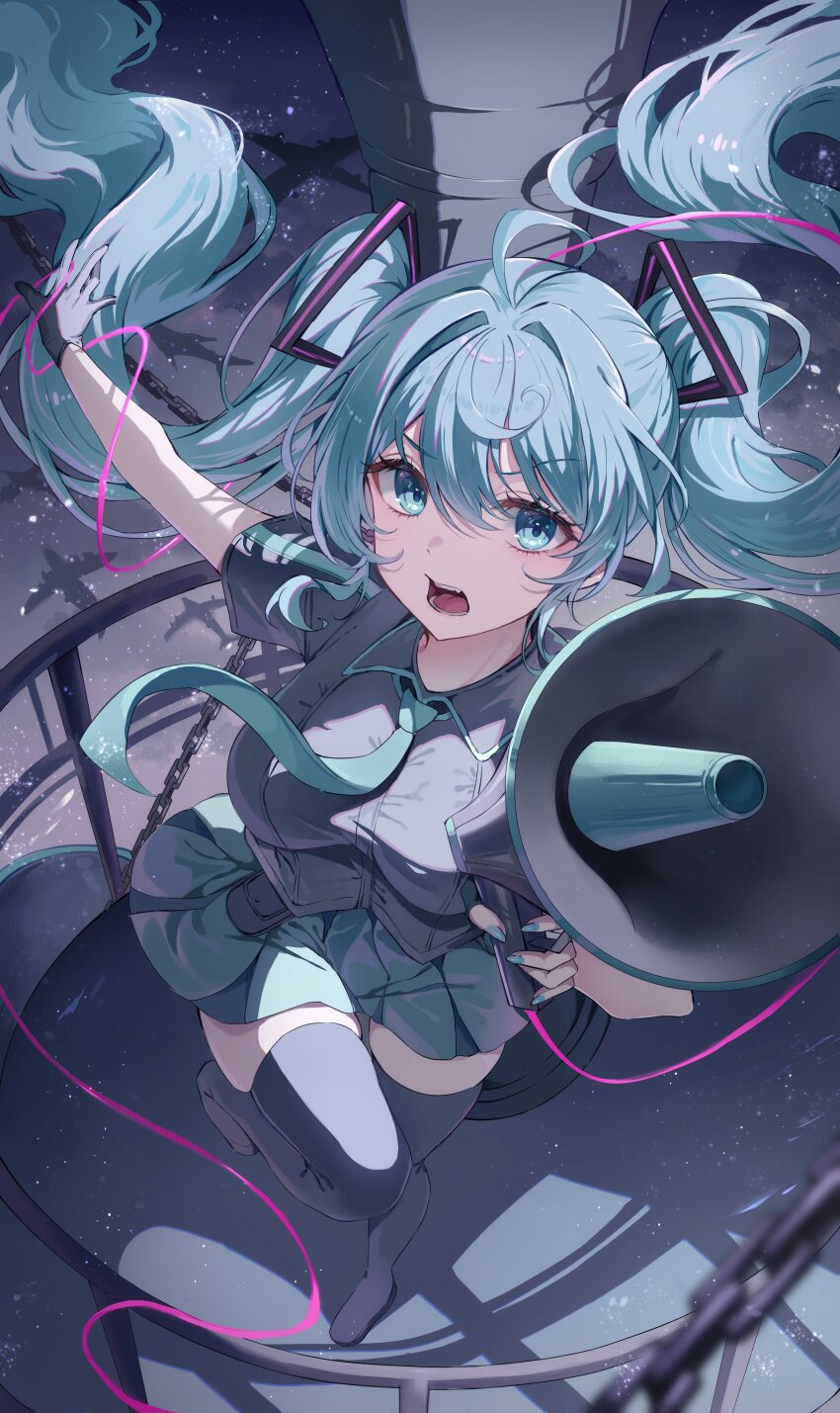 1girl absurdres ahoge black_gloves black_shirt black_thighhighs blue_eyes blue_hair blue_nails blue_necktie collared_shirt gloves hatsune_miku highres holding holding_megaphone ien_(to_yen) koi_wa_sensou_(vocaloid) megaphone nail_polish necktie open_mouth shirt short_hair short_sleeves single_glove solo thighhighs twintails very_short_hair vocaloid