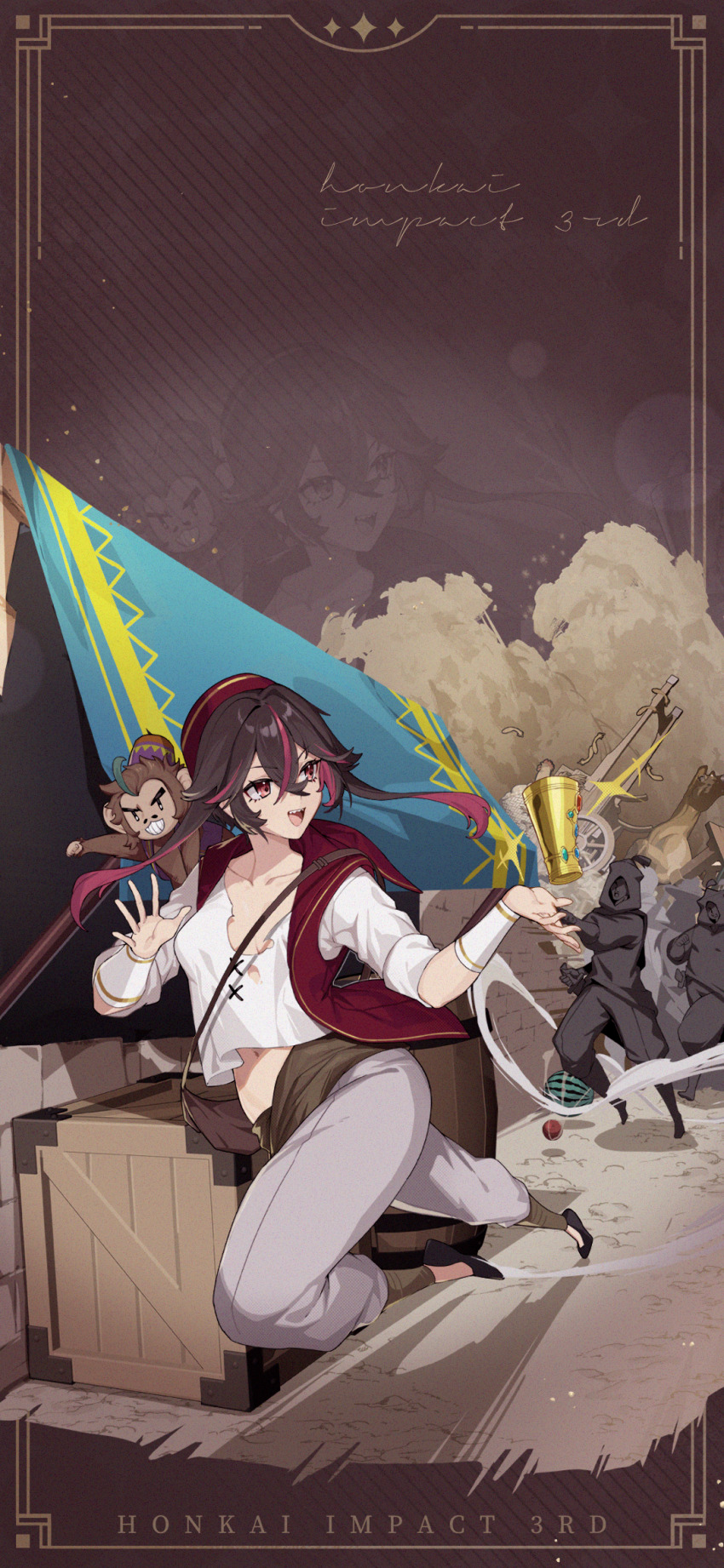 1girl 3boys abu_(aladdin) aladdin_(disney) animal animal_on_shoulder apple arabian_clothes bag box breasts brown_background brown_hair chasing crate english_text food fruit full_body genderswap highres holding holding_sword holding_weapon honkai_(series) honkai_impact_3rd looking_ahead looking_back monkey multicolored_hair multiple_boys navel official_art official_wallpaper open_hand open_mouth pointing pointing_forward red_headwear running small_breasts sparkle streaked_hair sword teeth theft treasure upper_teeth_only v-shaped_eyebrows watermelon weapon