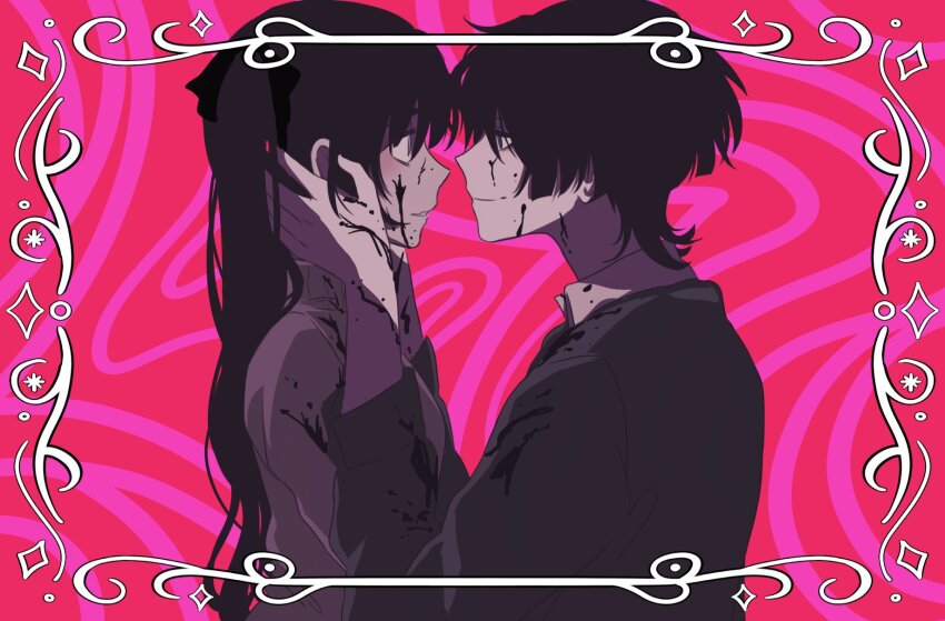 1boy 1girl alternate_costume black_bow black_cardigan black_hair black_sleeves blood blood_on_clothes blood_on_face blood_on_hands blood_on_neck blunt_bangs blunt_ends blush border bow cardigan collared_shirt contemporary couple crazy_eyes face-to-face from_side genshin_impact hair_bow hand_in_another&#039;s_hair hand_on_another&#039;s_face hands_up hetero highres long_hair looking_at_another loveit?_(biz) mona_(genshin_impact) naysucc ornate_border parody parted_lips red_background scaramouche_(genshin_impact) shirt three-quarter_sleeves smile sweater turtleneck turtleneck_sweater twintails white_shirt white_undershirt yandere yellow_sweater