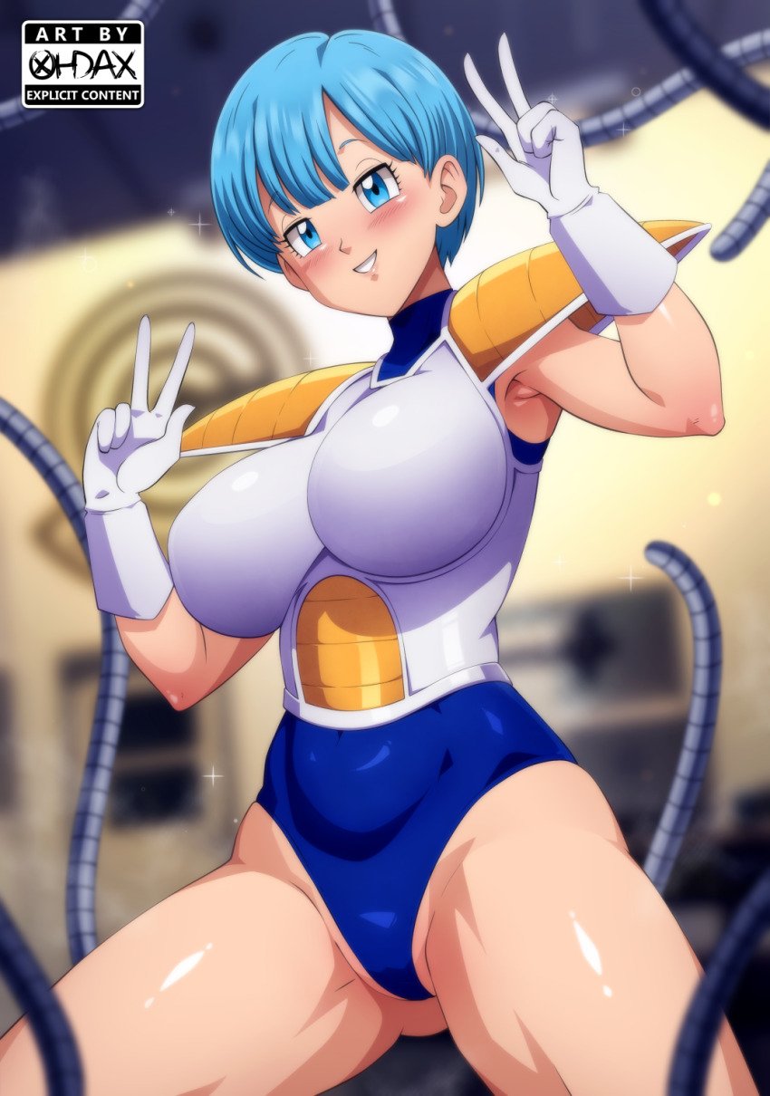1girl armpits artist_logo artist_name blue_eyes blue_hair blue_leotard blush breasts bulma cowboy_shot double_v dragonball_z gloves gluteal_fold groin highleg highres large_breasts legs_apart leotard leotard_under_clothes logo looking_at_viewer ohdax paid_reward_available saiyan_armor shiny_skin short_hair smile teeth tentacles thick_thighs thighs v white_gloves wide_hips