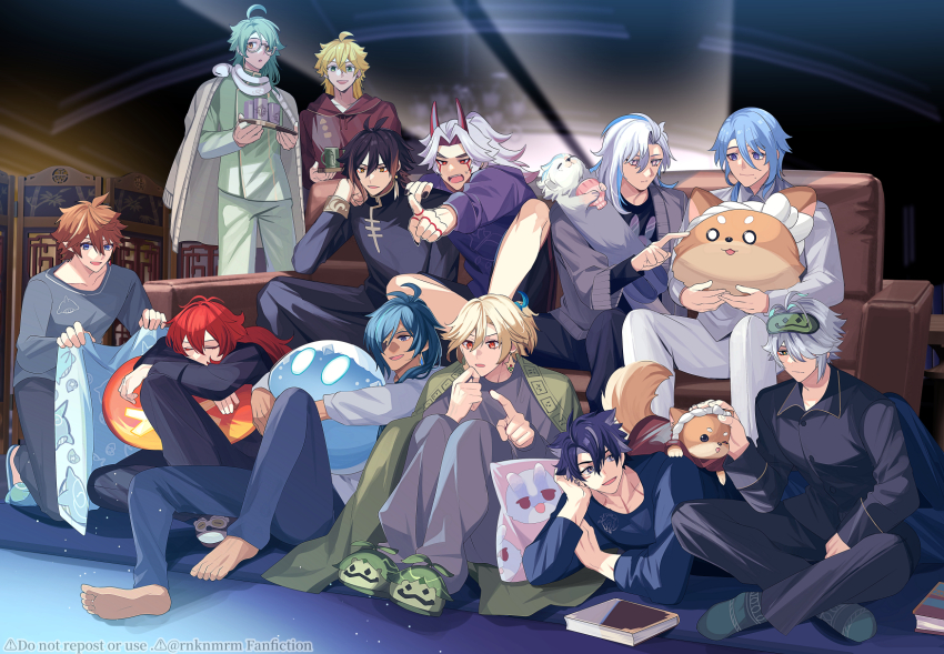 6+boys :d :o ahoge alhaitham_(genshin_impact) alternate_hairstyle animal_slippers antenna_hair aranara_(genshin_impact) arataki_itto artist_name asymmetrical_bangs baizhu_(genshin_impact) barefoot black_hair black_nails black_pajamas black_pants black_shirt black_shorts blanket blonde_hair blue_eyes blue_footwear blue_hair blue_pajamas blue_pants blue_shirt blurry blurry_background bodypaint book brown_eyes brown_hair buttons chandelier changpao changsheng_(genshin_impact) chinese_clothes closed_eyes closed_mouth collared_shirt colored_inner_hair commentary_request couch cup dark-skinned_male dark_skin diluc_(genshin_impact) dog drawstring ear_piercing earrings elbow_rest expressionless eyepatch eyeshadow eyewear_strap facepaint facial_scar fang feet fingernails folding_screen genshin_impact glasses gradient_hair green_eyes green_hair green_mask green_pajamas green_pants green_shirt green_socks grey_hair grey_jacket grey_pajamas grey_shirt hair_between_eyes hair_down hair_intakes hair_over_shoulder hand_on_another&#039;s_shoulder hands_up head_rest high_ponytail highres hiki_yuichi holding holding_blanket holding_pillow holding_tray hood hood_down hoodie horns hugging_object index_finger_raised indoors jacket jacket_on_shoulders jewelry kaeya_(genshin_impact) kamisato_ayato kaveh_(genshin_impact) knee_up kneeling knees_up leisurely_otter_(genshin_impact) light_particles long_hair long_sleeves low_ponytail lying makeup male_focus mask mask_on_head medium_hair melusine_(genshin_impact) mole mole_under_mouth multicolored_hair multiple_boys neuvillette_(genshin_impact) on_couch on_side one_eye_covered open_clothes open_jacket open_mouth orange_hair outstretched_arm pajamas pants parted_bangs petting piercing pillow pillow_hug pointing poking ponytail purple_eyes purple_hoodie red_eyes red_eyeshadow red_hair red_hoodie red_horns scar scar_on_cheek scar_on_chest scar_on_face semi-rimless_eyewear shiba_inu shirt short_hair shorts single_earring sitting sleep_mask sleeping sleeping_upright slime_(genshin_impact) slippers smile snake socks standing streaked_hair stud_earrings sweater_jacket swept_bangs taroumaru_(genshin_impact) tartaglia_(genshin_impact) teeth thoma_(genshin_impact) toes tray under-rim_eyewear upper_teeth_only v-shaped_eyebrows watermark white_hair white_jacket white_pajamas white_pants white_shirt wriothesley_(genshin_impact) yellow_eyes zhongli_(genshin_impact)