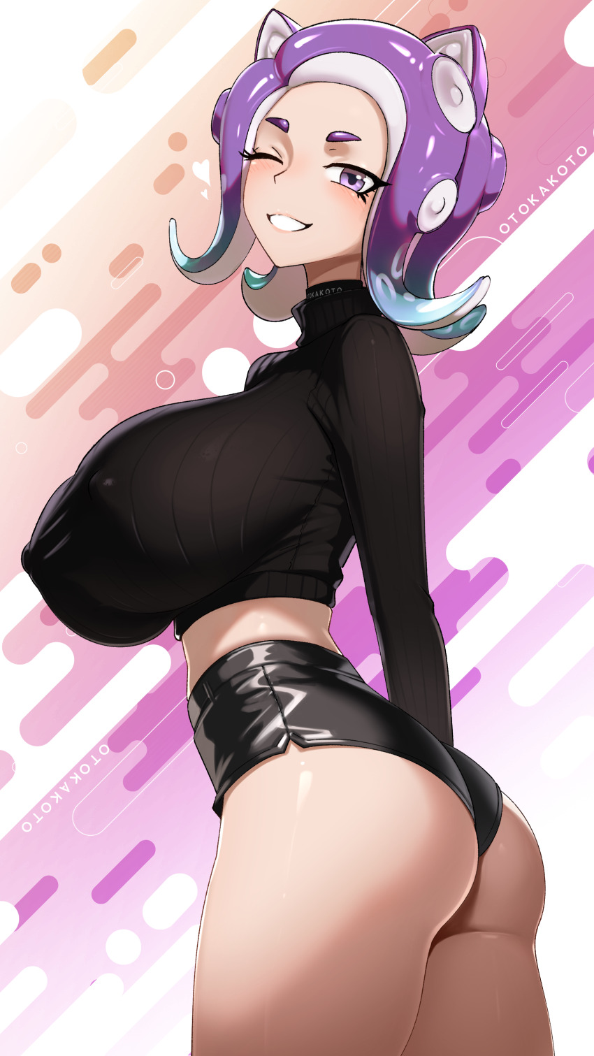 1girl absurdres aqua_hair artist_name ass black_choker black_shorts black_sweater breasts choker covered_erect_nipples crop_top from_side gradient_hair grin highres huge_breasts long_sleeves looking_at_viewer micro_shorts midriff multicolored_hair nintendo no_bra octoling octoling_girl octoling_player_character one_eye_closed otokakoto purple_eyes purple_hair ribbed_sweater short_eyebrows short_hair shorts smile solo splatoon_(series) suction_cups sweater taut_sweater tentacle_hair turtleneck turtleneck_sweater