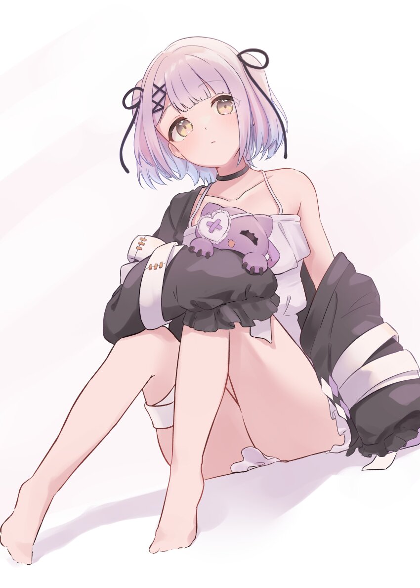 1girl absurdres bandage_on_thigh bandages black_cardigan black_choker blunt_bangs cardigan chemise choker collarbone doll eyepatch frilled_chemise frilled_sleeves frills hair_ornament hair_ribbon hairpin highres holding holding_doll knee_up medium_hair multiple_hairpins ogura_toast purple_hair ribbon shinomiya_runa shinomiya_runa_(1st_costume) single_off_shoulder sitting solo spaghetti_strap two_side_up very_long_sleeves virtual_youtuber vspo! white_background white_chemise yellow_eyes