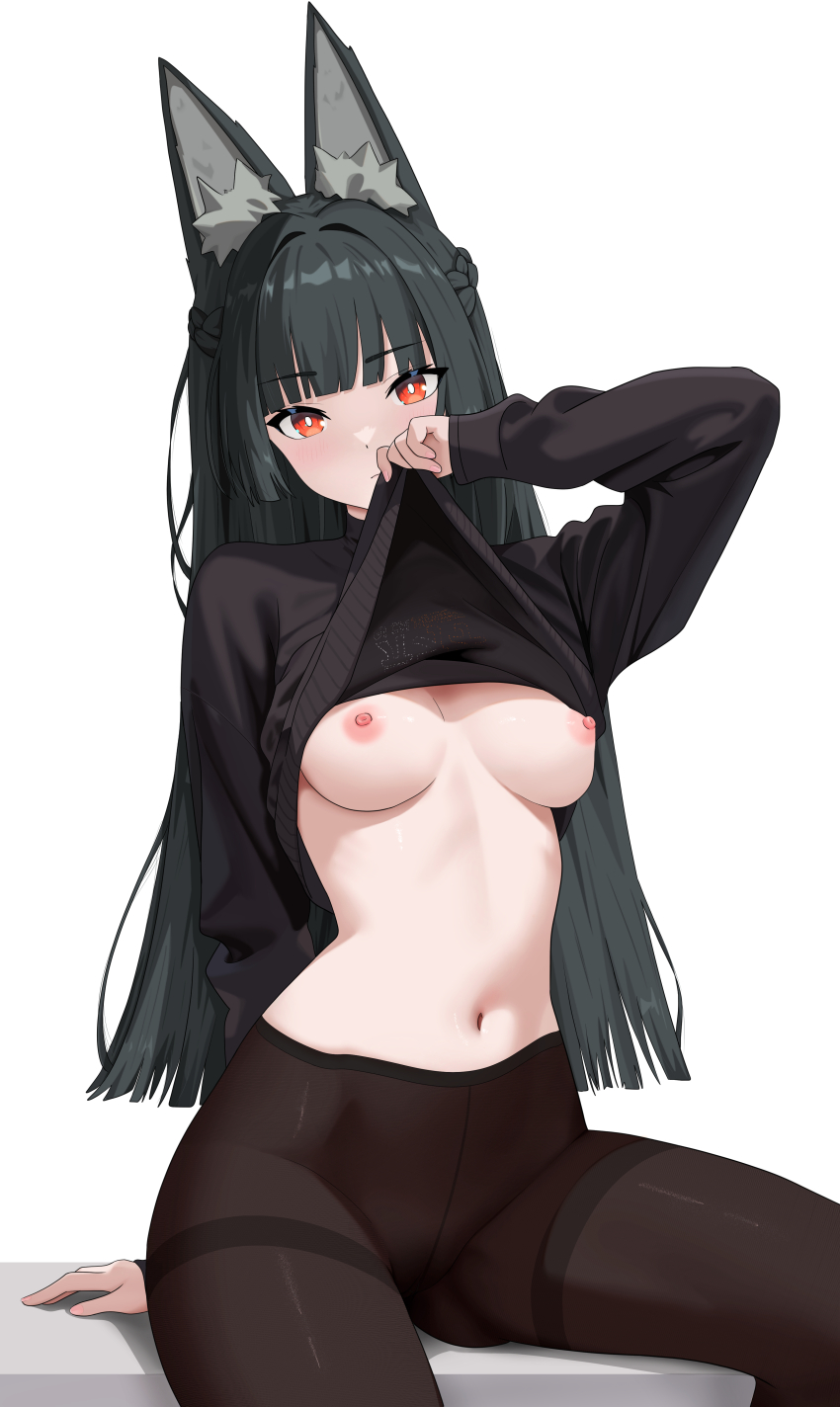 1girl absurdres animal_ear_fluff animal_ears black_hair black_pantyhose black_shirt blush braid breasts bright_pupils closed_mouth clothes_lift clothes_writing commentary english_commentary feet_out_of_frame fox_ears fox_girl half_up_braid highres hoshimi_miyabi ir_who lifting_own_clothes long_hair looking_at_viewer medium_breasts navel nipples no_pants orange_eyes pantyhose shirt simple_background sitting solo stomach thighband_pantyhose thighs variant_set white_background white_pupils zenless_zone_zero