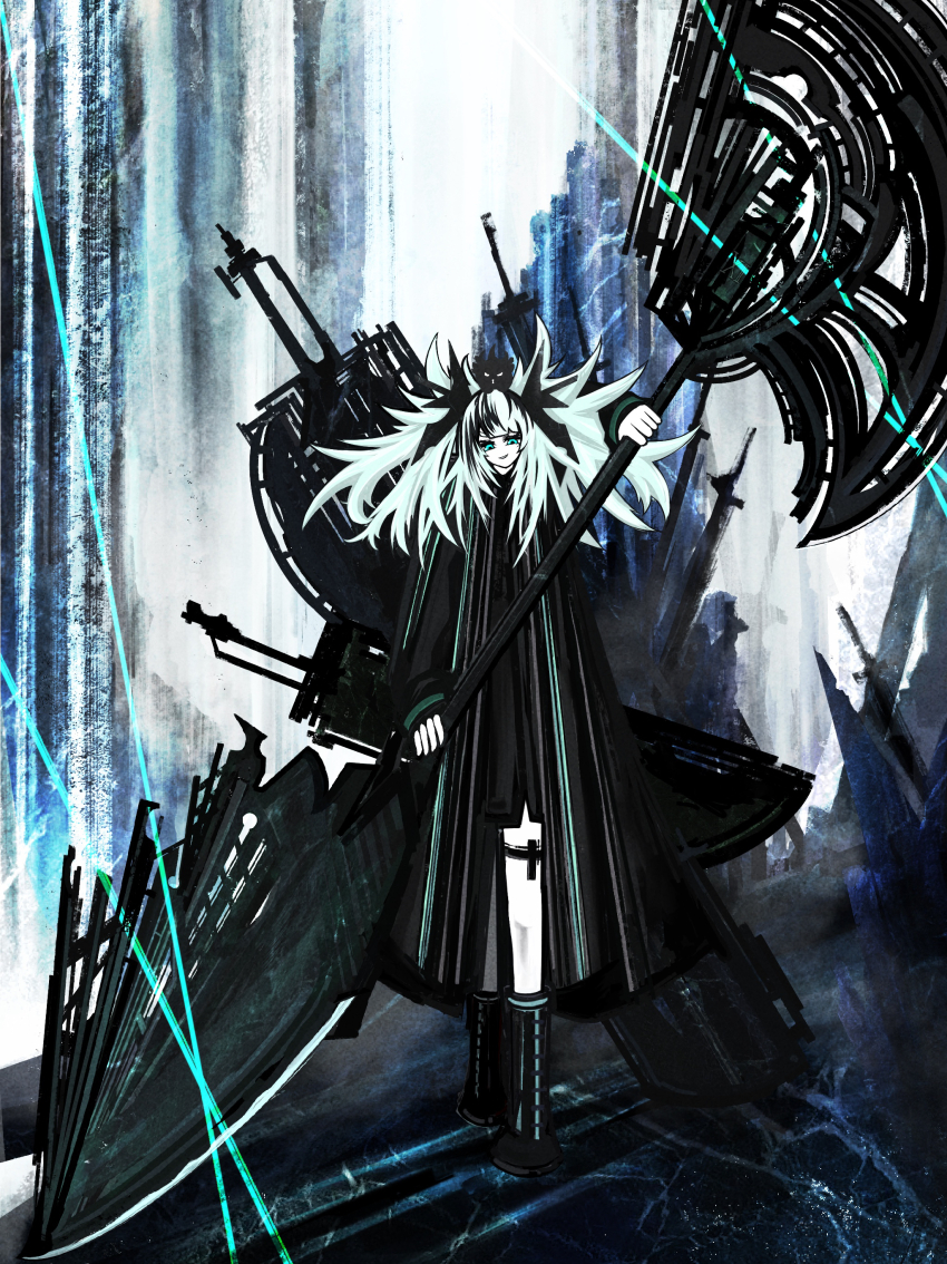 1girl absurdres blue_eyes blue_hair frilled_thigh_strap full_body highres holding holding_weapon huge_weapon ice original riz_kira smile solo thigh_strap walking weapon