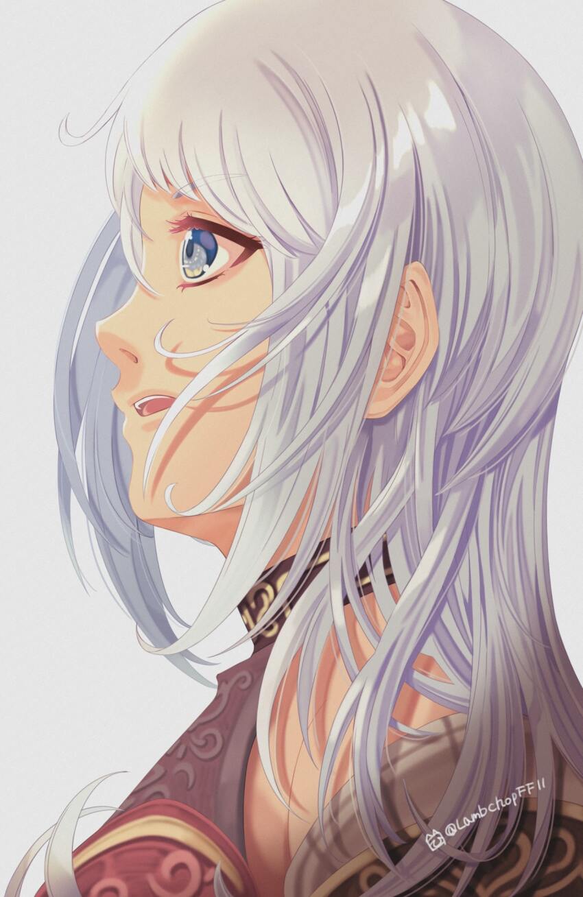 arciela_v_adoulin blue_eyes breasts collar detached_sleeves from_side gold_trim grey_eyebrows grey_hair hair_behind_ear hair_between_eyes highres lambchoperman leotard medium_breasts red_leotard swept_bangs unitard white_hair