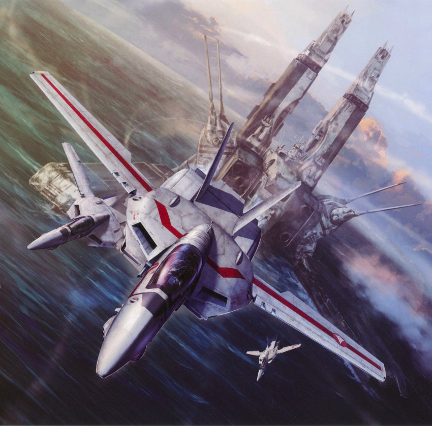 1980s_(style) 2boys absurdres aircraft airplane choujikuu_yousai_macross cloud cockpit contrail daedalus fleet flying helmet highres ichijou_hikaru jet macross mecha multiple_boys non-web_source ocean official_art oldschool pilot_suit prometheus_(ship) realistic retro_artstyle robot scan science_fiction sdf-1 ship spacecraft starfighter storm_attacker tenjin_hidetaka textless_version vehicle_focus vf-1 vf-1a vf-1j watercraft