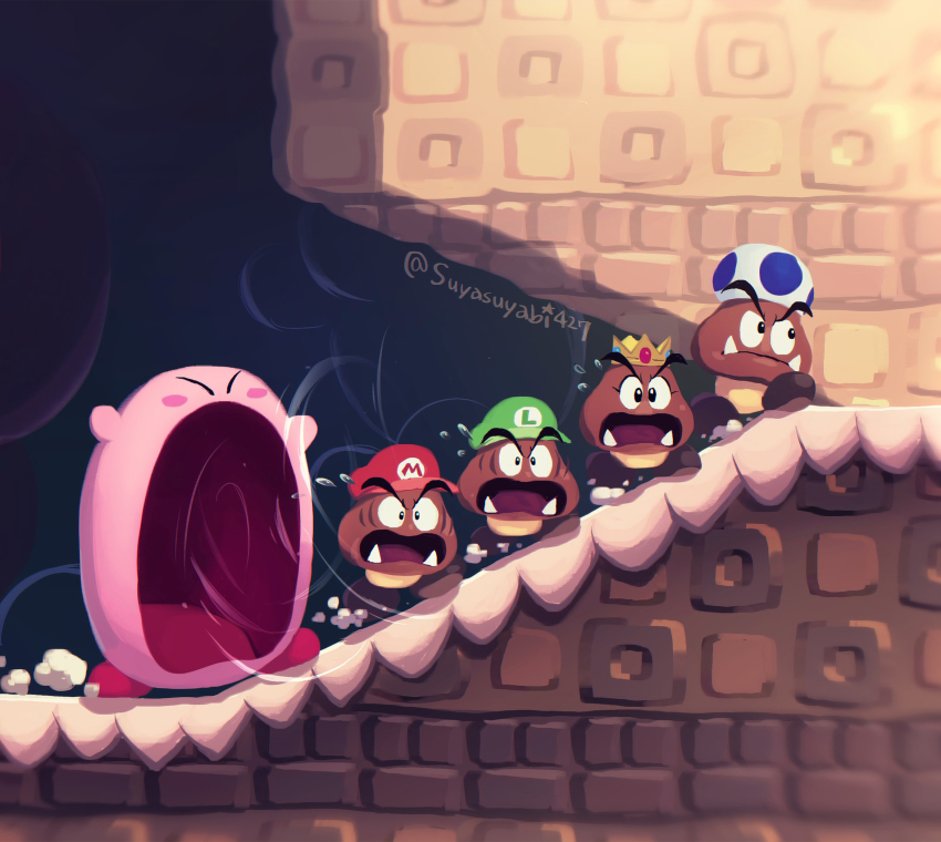 artist_name blue_toad_(mario) blush blush_stickers closed_eyes closed_mouth commentary_request crossover crown fangs fleeing flying_sweatdrops goomba green_headwear hat highres imminent_vore inhaling kirby kirby_(series) luigi mario mario_(series) nervous_sweating nintendo no_humans open_mouth panicking princess_peach red_headwear ruins running scared shade super_mario_bros._wonder suyasuyabi sweat toad_(mario) twitter_username v-shaped_eyebrows wide-eyed