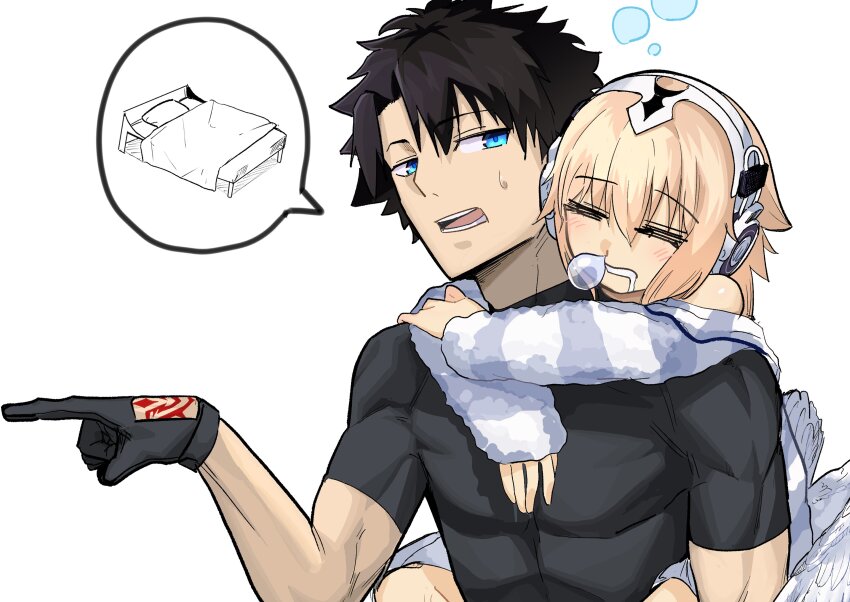 1boy 1girl absurdres angel_wings bed black_gloves black_hair blonde_hair blue_eyes carrying command_spell drooling fate/grand_order fate_(series) fujimaru_ritsuka_(male) gloves highres jeanne_d&#039;arc_(fate) metatron_jeanne_(fate) metatron_jeanne_(second_ascension)_(fate) mor_(morfowfow) mouth_drool nose_bubble piggyback pointing white_background wings