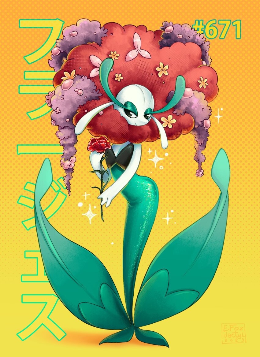 carnation fairy florges florges_(red_flower) flower full_body gen_6_pokemon half-closed_eyes highres japanese_text looking_at_viewer nintendo no_humans plant pokemon smile sparkle yellow_background