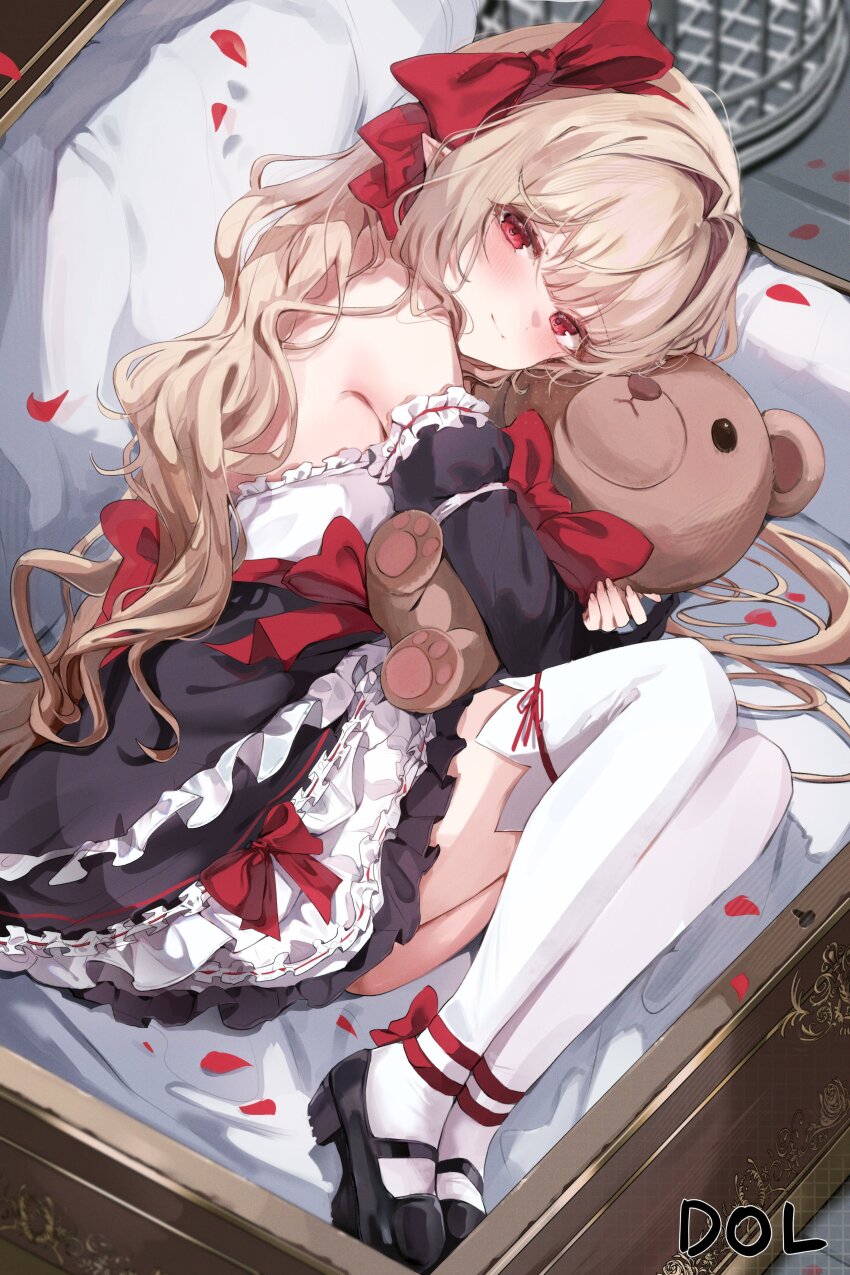 1girl absurdres bare_shoulders birdcage black_shoes blonde_hair blush bow box cage closed_mouth curly_hair dolechan dress dress_shoes frilled_dress frilled_sleeves frills full_body gothic_lolita hair_between_eyes highres holding holding_teddy_bear lolita_fashion long_hair looking_at_viewer lying on_side original petals pointy_ears red_bow red_eyes red_petals red_ribbon ribbon shoes smile solo stuffed_animal stuffed_toy teddy_bear thighhighs treasure_chest white_thighhighs