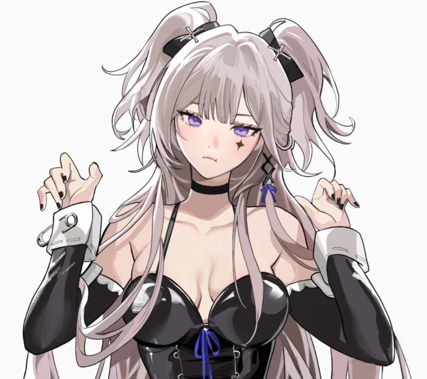 1girl alternate_costume alternate_hairstyle bare_shoulders black_nails commentary detached_sleeves facial_mark grey_hair herta_(honkai:_star_rail) honkai:_star_rail honkai_(series) long_hair long_sleeves looking_at_viewer nail_polish nevercrymoon purple_eyes solo spaghetti_strap the_herta_(honkai:_star_rail) two_side_up very_long_hair