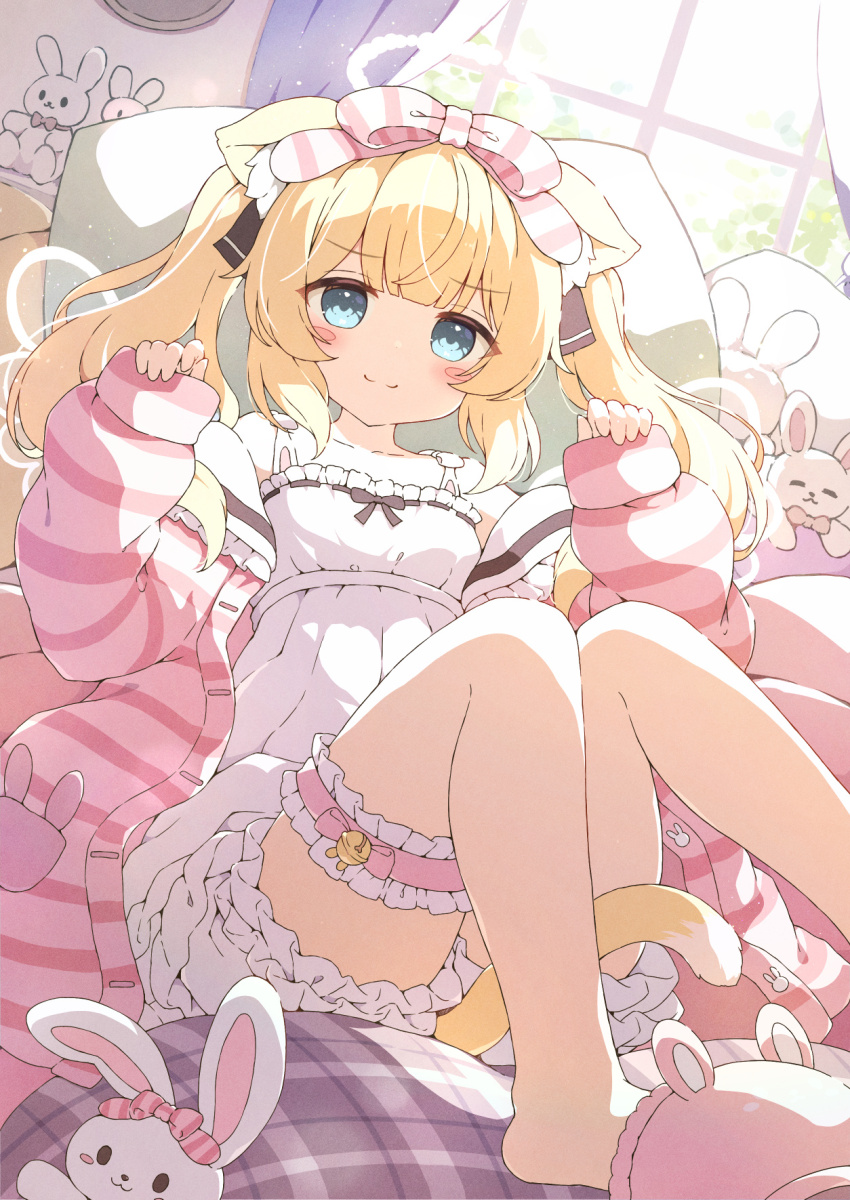 1girl ahoge animal_ear_fluff animal_ears animal_slippers aqua_eyes bare_shoulders bed_sheet blonde_hair blunt_bangs blush blush_stickers bow brown_ribbon cat_ears cat_girl cat_tail closed_mouth commission day dress dutch_angle feet_out_of_frame frilled_dress frilled_thigh_strap frills hair_bow highres hood hoodie indoors long_hair looking_at_viewer on_bed original paw_pose pink_bow pink_hoodie ribbon sidelocks single_slipper sitting skeb_commission slippers smile solo striped_clothes striped_hoodie stuffed_animal stuffed_rabbit stuffed_toy tail thigh_strap thighs twintails two_side_up tyomimas variant_set white_dress