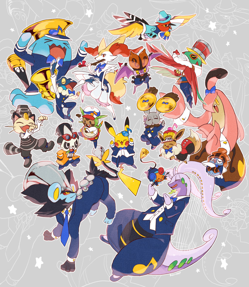 bow bowtie braixen bunnelby chespin closed_eyes dancing dedenne dress eevee fang fletchinder formal_clothes frogadier gen_1_pokemon gen_2_pokemon gen_6_pokemon goodra gourgeist harvest88 hat hawlucha highres holding inkay meowth music nintendo no_humans noibat open_mouth pancham pikachu pokemon pokemon_(creature) pumpkaboo singing smile suit wings wobbuffet
