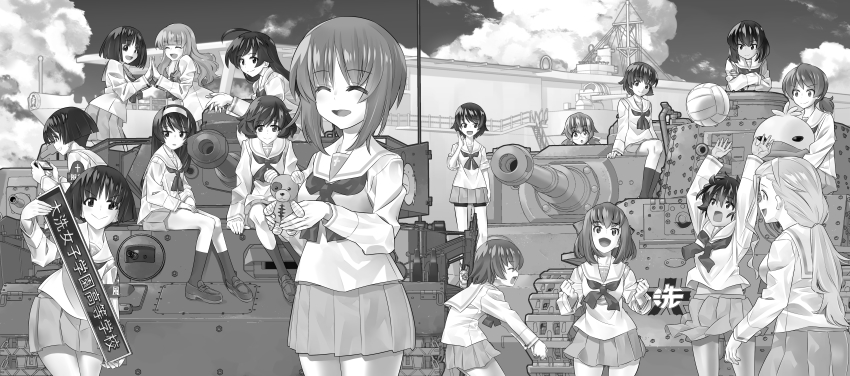 6+girls absurdres ahoge aircraft_carrier akiyama_yukari anglerfish arms_up ball bike_shorts_under_skirt blouse blunt_bangs blunt_ends blurry blurry_background bob_cut boko_(girls_und_panzer) bump_(volleyball) char_b1 clenched_hands closed_eyes closed_mouth cloud cloudy_sky commentary_request crossed_arms dark-skinned_female dark_skin day depth_of_field duck_head emblem facing_viewer fish girls_und_panzer glasses gotou_moyoko greyscale grin hair_tie hand_to_own_mouth handheld_game_console highres holding holding_handheld_game_console holding_sign holding_stuffed_toy hoshino_(girls_und_panzer) inou_takashi interlocked_fingers isobe_noriko isuzu_hana kawanishi_shinobu kondou_taeko konparu_nozomi leaning_forward long_hair long_sleeves looking_at_another looking_at_viewer low_ponytail low_twintails medium_hair messy_hair midriff_peek military military_vehicle miniskirt monochrome motor_vehicle multiple_girls nakajima_(girls_und_panzer) neckerchief nishizumi_miho no_hairband no_headband on_tank ooarai_(emblem) ooarai_school_uniform open_mouth ou_taiga outdoors own_hands_together panzer_iv parted_lips playing_games playing_sports pleated_skirt ponytail reizei_mako sailor_collar sasaki_akebi school_uniform serafuku ship shirt shoes short_hair short_ponytail sign sitting skirt sky sleeves_rolled_up smile sneakers sono_midoriko standing stuffed_animal stuffed_toy suzuki_(girls_und_panzer) takebe_saori tank teddy_bear tiger_(p) tsuchiya_(girls_und_panzer) twintails type_89_i-gou volleyball volleyball_(object) warship watercraft zuikaku_(girls_und_panzer)
