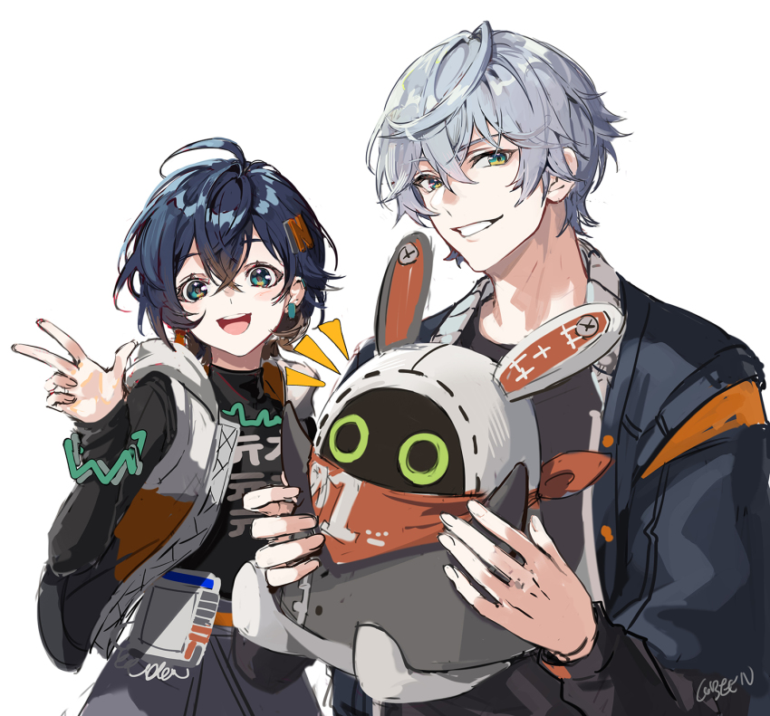 1boy 1girl bangboo_(zenless_zone_zero) belle_(zenless_zone_zero) blue_hair brother_and_sister cobeen commentary_request crossed_bangs earrings eous_(zenless_zone_zero) grey_hair grin hair_between_eyes hair_ornament highres holding jacket jewelry korean_commentary long_sleeves looking_at_viewer open_clothes open_jacket open_mouth shirt short_hair siblings signature simple_background smile w white_background wise_(zenless_zone_zero) zenless_zone_zero