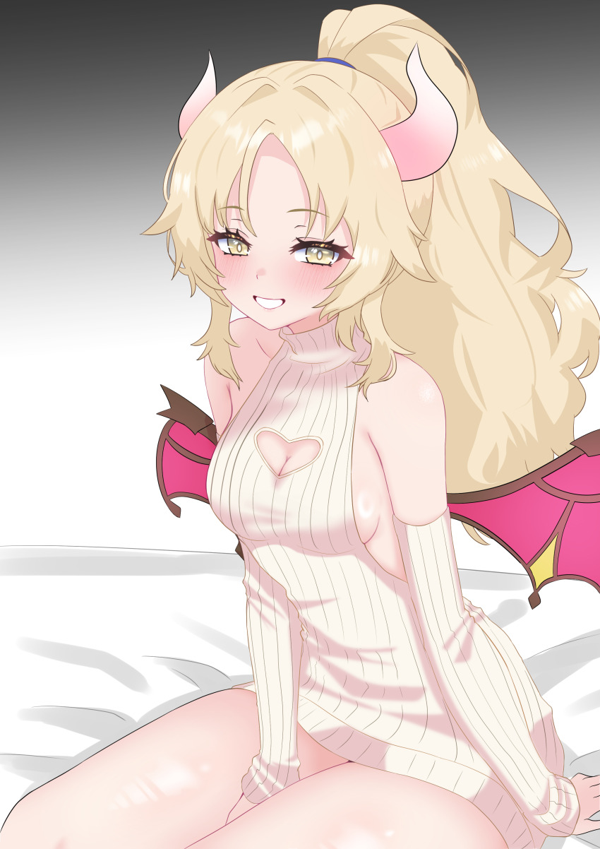 1girl absurdres blonde_hair breasts cleavage_cutout clothing_cutout duel_monster ecclesia_(yu-gi-oh!) forehead heart_cutout highres horns incredible_ecclesia_the_virtuous looking_at_viewer medium_breasts meme_attire oldsickkim on_bed parted_bangs ponytail smile solo virgin_killer_sweater wings yellow_eyes yu-gi-oh!