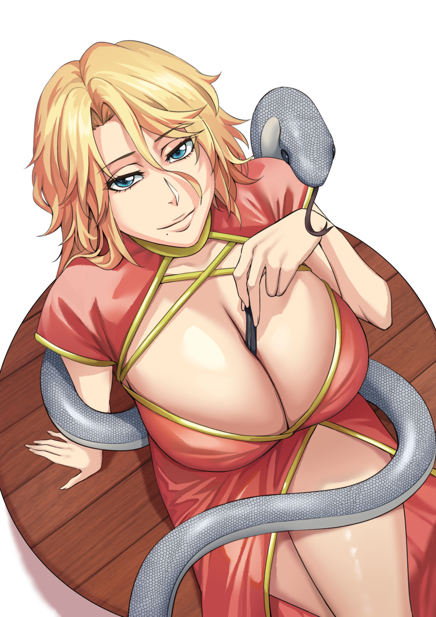 1girl absurdres between_breasts bleach blonde_hair blue_eyes breasts china_dress chinese_clothes chinese_zodiac cleavage dress hair_between_eyes highres huge_breasts lips long_hair long_hair_between_eyes matsumoto_rangiku mole mole_under_mouth sakuya_(liao_kj) sitting smile snake snake_wrapped_around_body year_of_the_snake