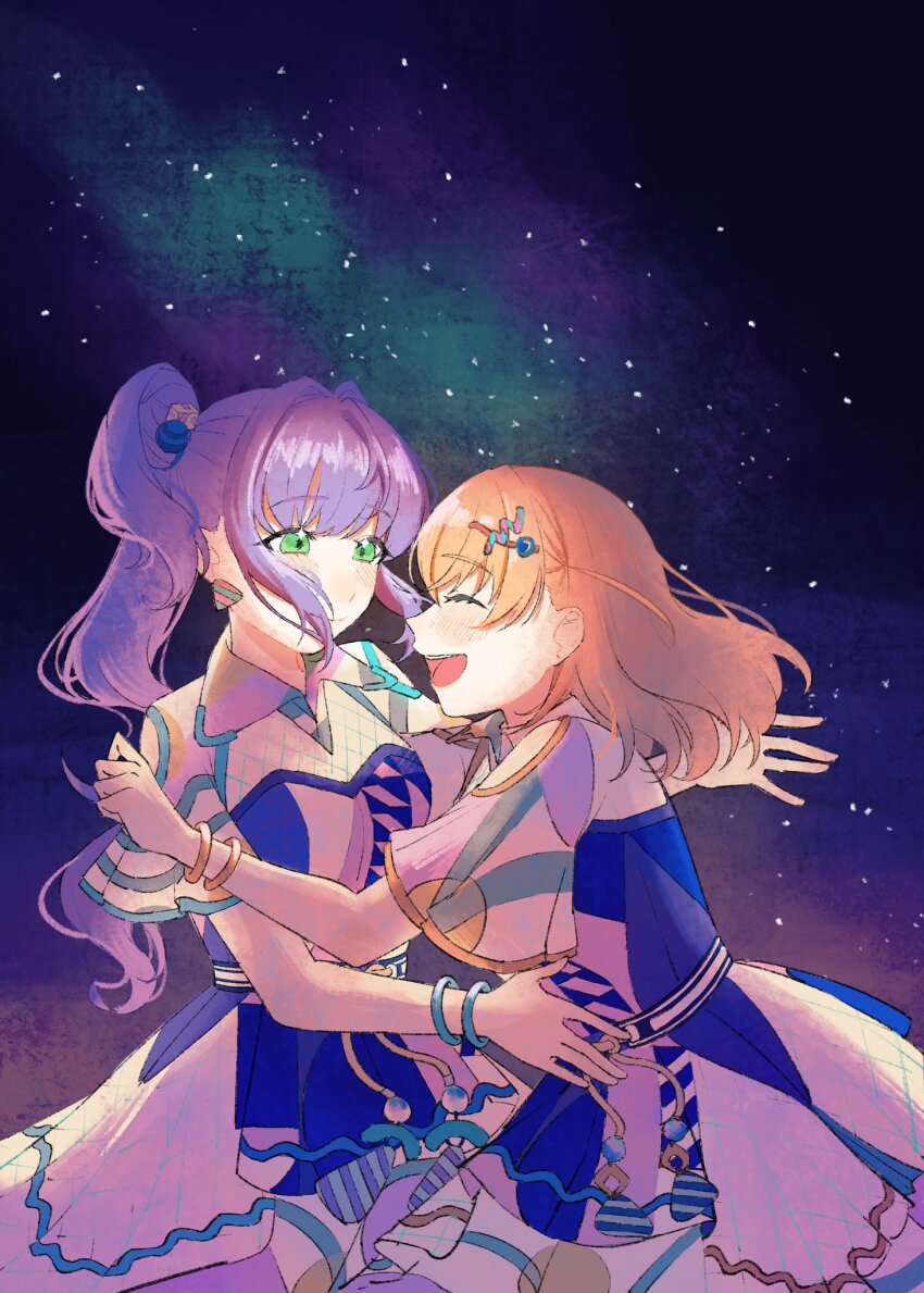 2girls blue_dress cerise_bouquet clothing_cutout collared_dress commentary_request cube_hair_ornament dress genyo_yako hair_bun hair_intakes hair_ornament highres hinoshita_kaho link!_like!_love_live! long_hair love_live! multicolored_dress multiple_girls official_alternate_costume open_mouth orange_hair otomune_kozue outdoors profile purple_dress purple_hair short_dress shoulder_cutout side_ponytail sidelocks single_side_bun sky smile star_(sky) starry_sky stew_youbi teeth upper_teeth_only virtual_youtuber