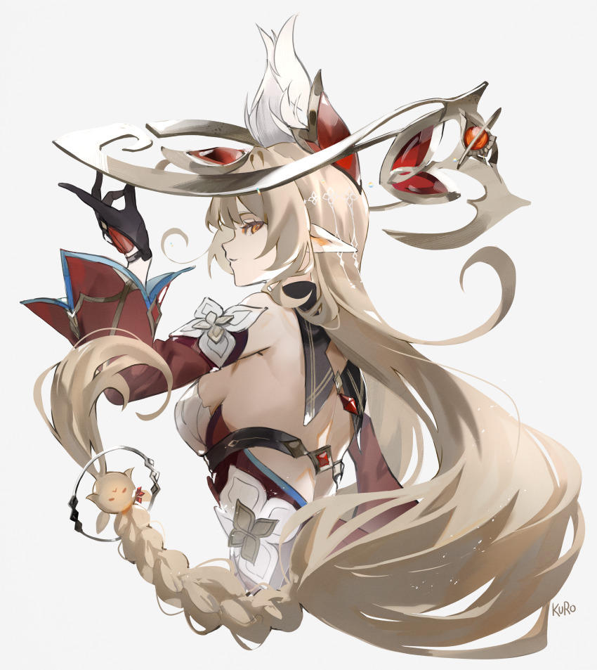 1girl absurdres alice_(genshin_impact) backless_dress backless_outfit blonde_hair breasts cowlick detached_sleeves dodoco_(genshin_impact) dress flower gem genshin_impact gloves highres jewelry kamui_(kurohshiro1) long_hair long_sleeves looking_at_viewer pointy_ears red_eyes side_ahoge simple_background smile solo very_long_hair vision_(genshin_impact) white_background white_flower