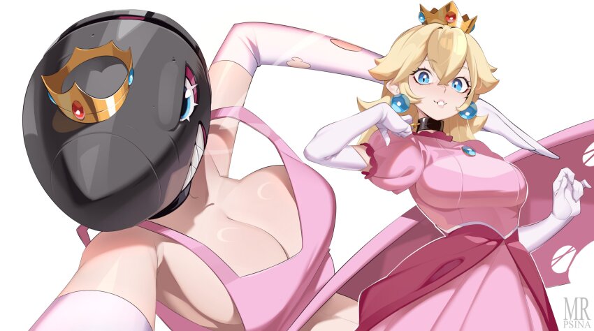 1girl absurdres bare_shoulders blonde_hair blue_eyes breasts bullet_bill chest_jewel cleavage cowboy_shot crown dress earrings gloves highres jewelry large_breasts mario_(series) medium_hair mini_crown mr.psina multiple_views nintendo pink_dress princess_peach simple_background sphere_earrings upper_body white_background white_gloves
