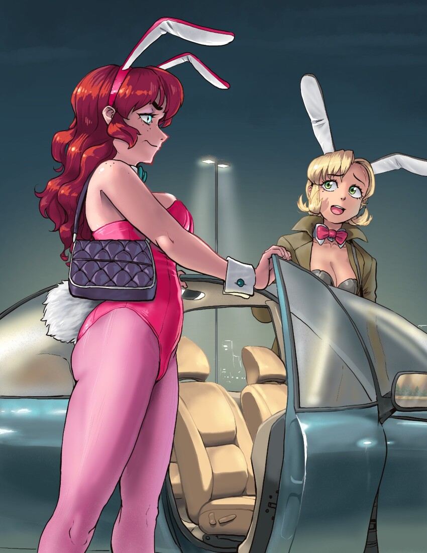2girls animal_ear_headband animal_ears asymmetrical_bangs bag black_leotard blonde_hair blue_bow blue_bowtie blue_eyes bow bowtie breasts brown_jacket car character_request closed_mouth collar commentary english_commentary fake_animal_ears fake_tail feet_out_of_frame freckles from_side handbag highres jacket large_breasts leotard leotard_under_clothes motor_vehicle multiple_girls night night_sky open_door open_mouth original outdoors pantyhose pink_leotard pink_pantyhose playboy_bunny rabbit_ears rabbit_tail red_bow red_bowtie red_hair short_hair shoulder_strap sideboob sky smile strapless strapless_leotard tail teeth thescarletone upper_body upper_teeth_only white_collar white_wrist_cuffs wrist_cuffs