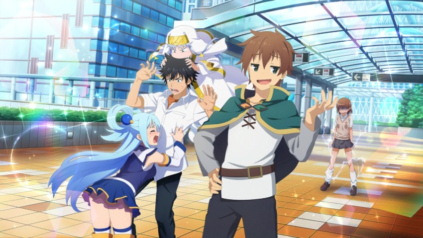 2boys 3girls a_certain_high_school_uniform aqua_(konosuba) artist_request bare_shoulders belt biting black_hair black_pants blue_hair blue_shirt blue_skirt blush brown_belt brown_eyes brown_hair brown_sweater_vest building bush cape closed_eyes collared_shirt crossover crying detached_sleeves electricity electrokinesis faceless faceless_female facing_another green_cape green_eyes hair_rings hand_on_own_hip hand_up hands_up head_biting hug imminent_attack index_(toaru_majutsu_no_index) jealous kamijou_touma kneeling kono_subarashii_sekai_ni_shukufuku_wo! long_hair looking_at_another looking_at_viewer medium_hair misaka_mikoto multiple_boys multiple_girls official_art orange_shirt outdoors pants satou_kazuma school_emblem school_uniform second-party_source shaded_face shirt short_hair short_sleeves single_hair_ring skirt sleeveless sleeveless_shirt smile sparkle spiked_hair standing summer_uniform sweater_vest toaru_kagaku_no_railgun toaru_majutsu_no_index tokiwadai_school_uniform turn_pale white_shirt