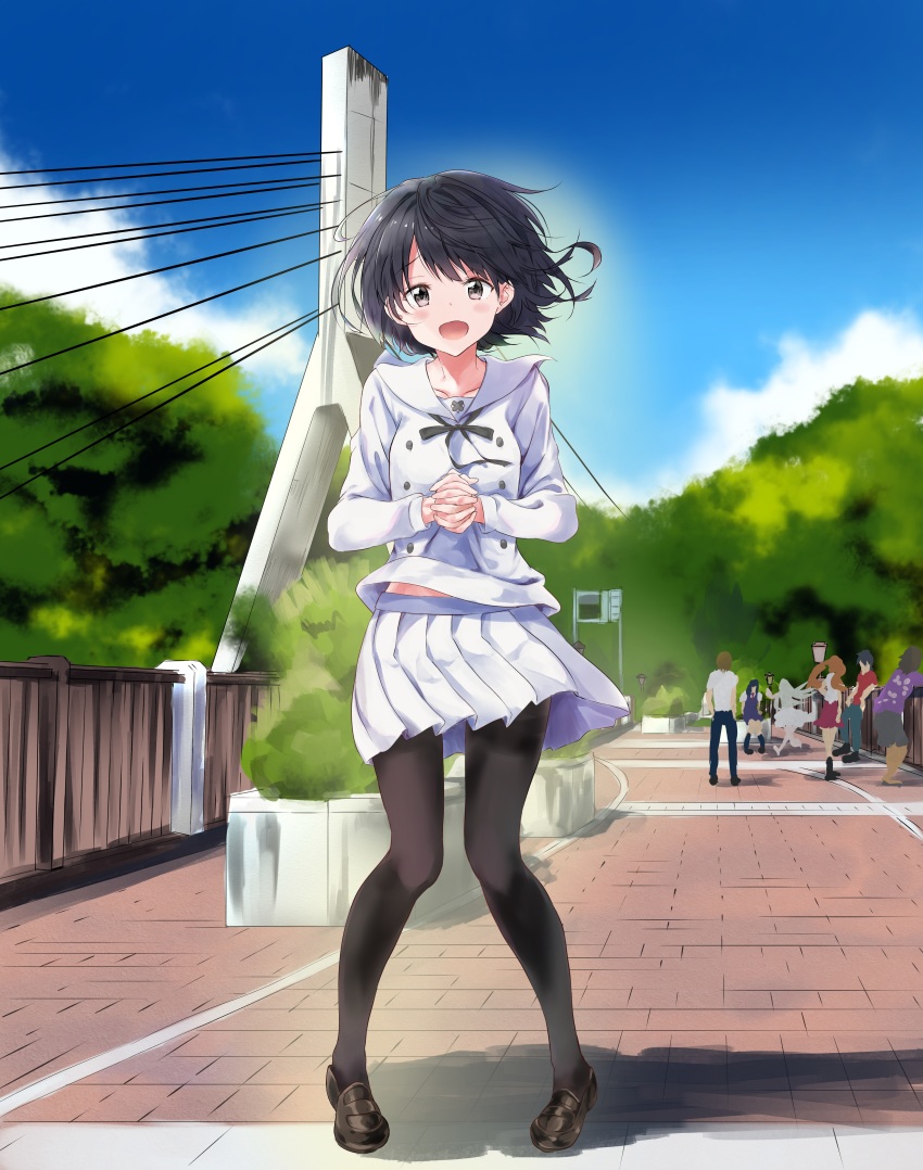 3boys 4girls absurdres akgotch anjou_naruko ano_hi_mita_hana_no_namae_wo_bokutachi_wa_mada_shiranai. black_eyes black_hair black_legwear blush bridge brown_hair collarbone creator_connection crossover highres hisakawa_tetsudou honma_meiko kokoro_ga_sakebitagatterunda. looking_at_another looking_at_viewer matsuyuki_atsumu minase_inori multiple_boys multiple_girls open_mouth pantyhose short_hair skirt smile tsurumi_chiriko white_skirt yadomi_jinta