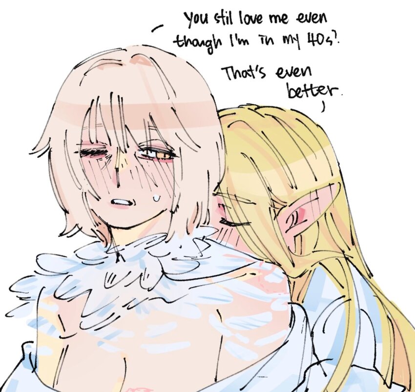 2girls aged_up blonde_hair blush breasts cleavage closed_eyes commentary dohwa110 dungeon_meshi ear_blush elf english_commentary english_text falin_touden falin_touden_(tallman) feathers grey_hair highres large_breasts marcille_donato mature_female multiple_girls off_shoulder one_eye_closed pointy_ears shirt simple_background white_background white_shirt yellow_eyes yuri