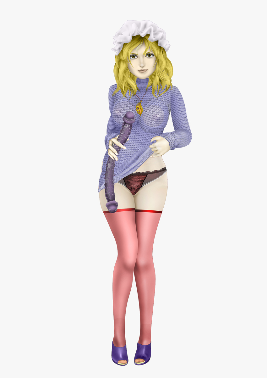 1girl blonde_hair blue_sweater breasts clothes_pull covered_erect_nipples dildo double_dildo gold_pendant hand_on_own_hip hat high_heels highres holding holding_sex_toy kams lace lace-trimmed_panties lace_trim looking_at_viewer maribel_hearn medium_breasts mob_cap open-toe_shoes panties purple_shoes red_panties red_thighhighs sex_toy shoes short_hair simple_background smile spiked_dildo sweater sweater_pull thighhighs touhou turtleneck turtleneck_sweater underwear white_hat yellow_eyes