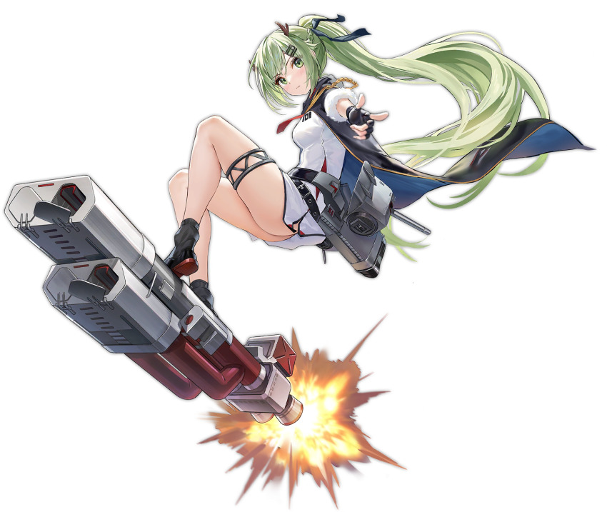 1girl alisa_(kuro_no_sakura) an_shan_(azur_lane) an_shan_(retrofit)_(azur_lane) ass azur_lane black_footwear black_gloves dragon_horns finger_gun fingerless_gloves from_side full_body gloves green_eyes green_hair hair_ornament hairclip highres horns long_hair looking_at_viewer no_panties official_alternate_costume official_art ponytail retrofit_(azur_lane) thigh_strap transparent_background