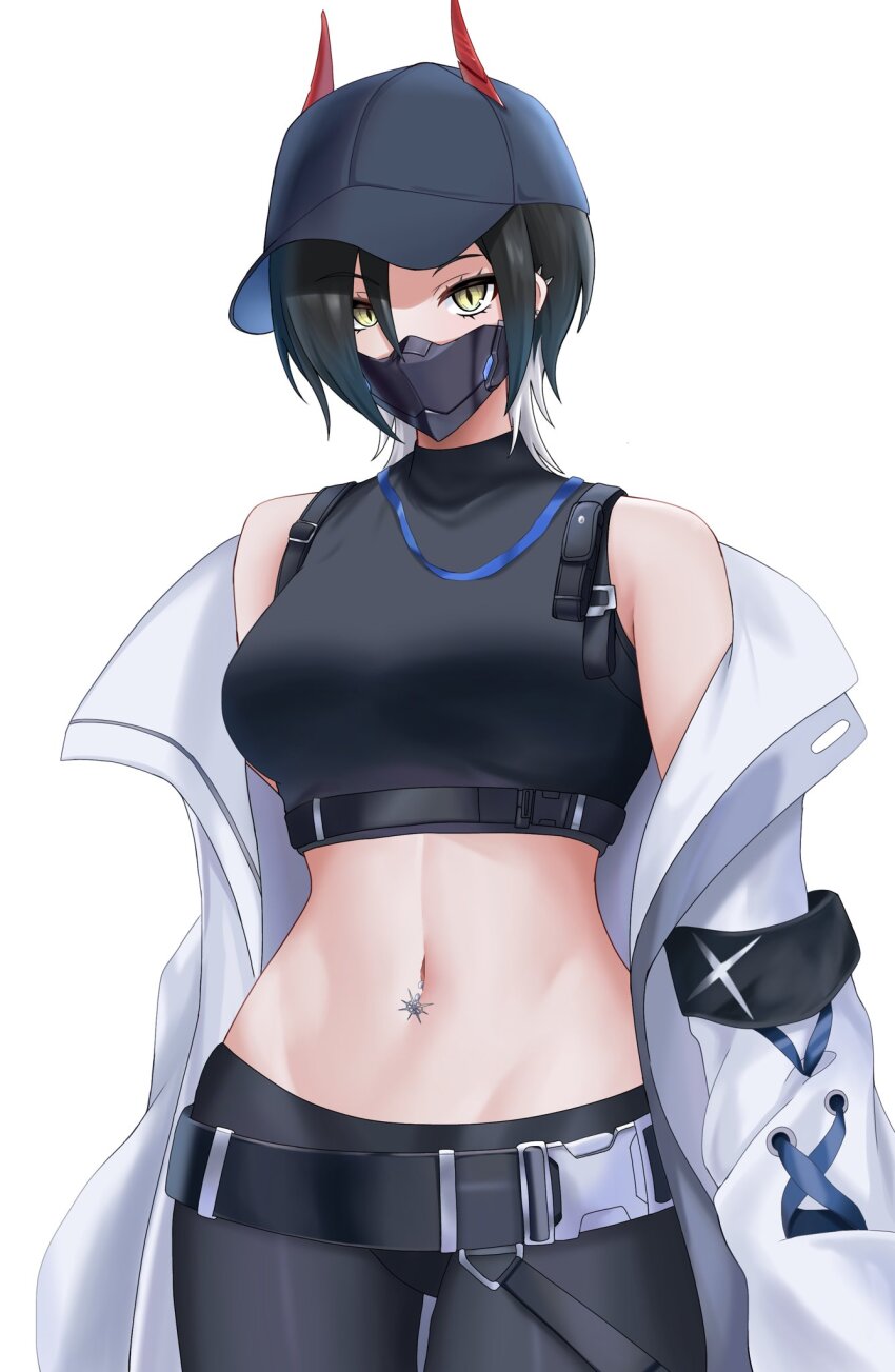 1girl alternate_costume arm_behind_back azur_lane banba_(jakqbigone) bare_shoulders belt black_hair black_headwear black_pants blue_archive breasts clothes_pull coat cosplay covered_mouth crop_top ear_piercing earrings highres horns horns_through_headwear jacket jacket_pull jewelry looking_at_viewer medium_breasts medium_hair multicolored_hair navel navel_piercing off_shoulder pants piercing saori_(blue_archive) saori_(blue_archive)_(cosplay) short_hair simple_background slit_pupils solo two-tone_hair ulrich_von_hutten_(azur_lane) white_background white_coat white_hair yellow_eyes